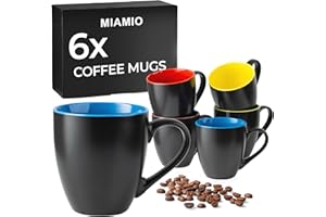MIAMIO - 6 x 350 ml Stoneware Coffee Mug/Cup Set - Le Papillon Collection (Black-Colorful)