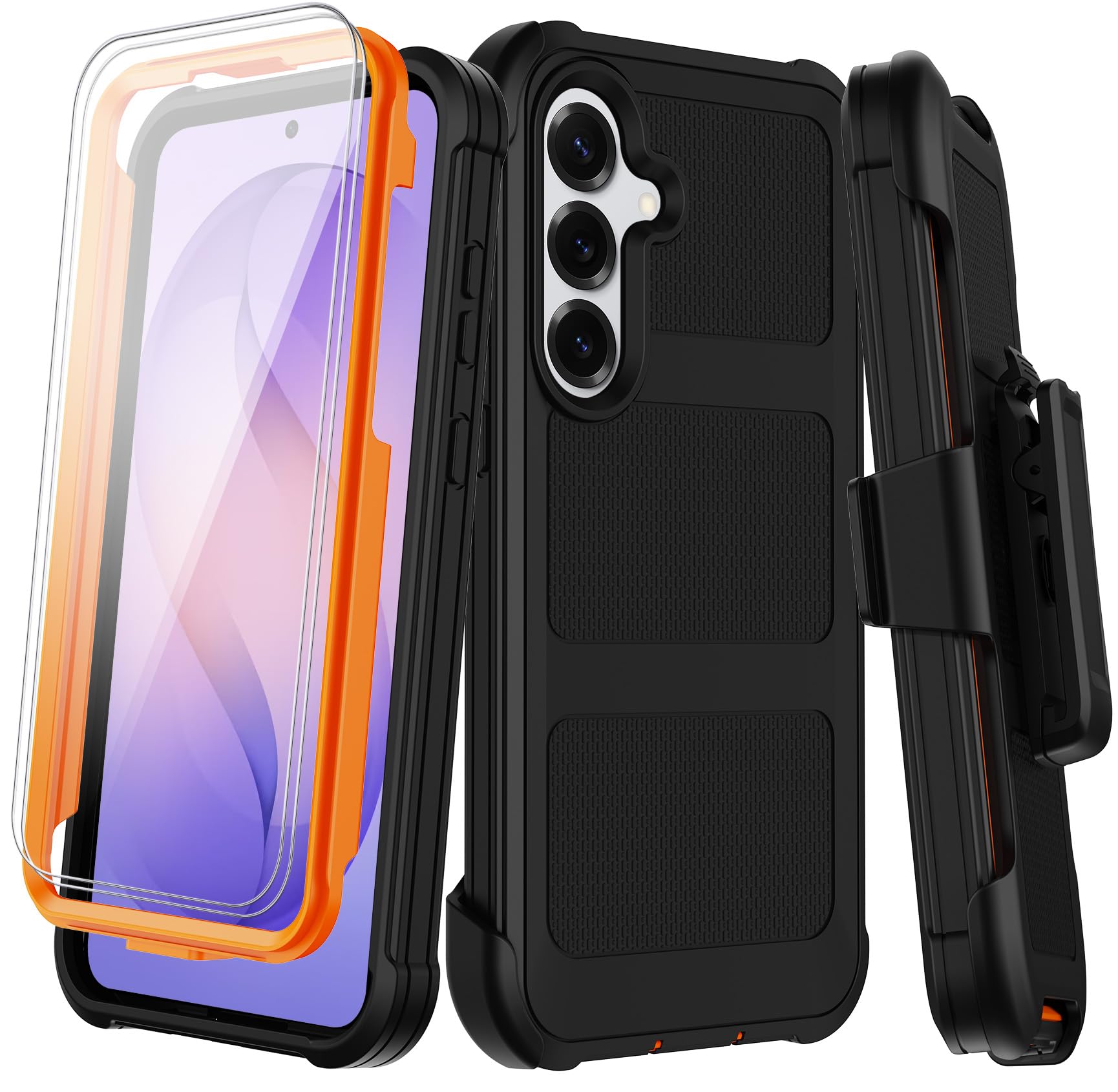 for Samsung Galaxy S26 Plus Case with Belt Clip Holster,Heavy Duty Shockproof Drop Protection Bumper Case w/Screen Protector,Military Grade Rugged Durable Phone Cover (Black Orange, Galaxy S26 Plus)