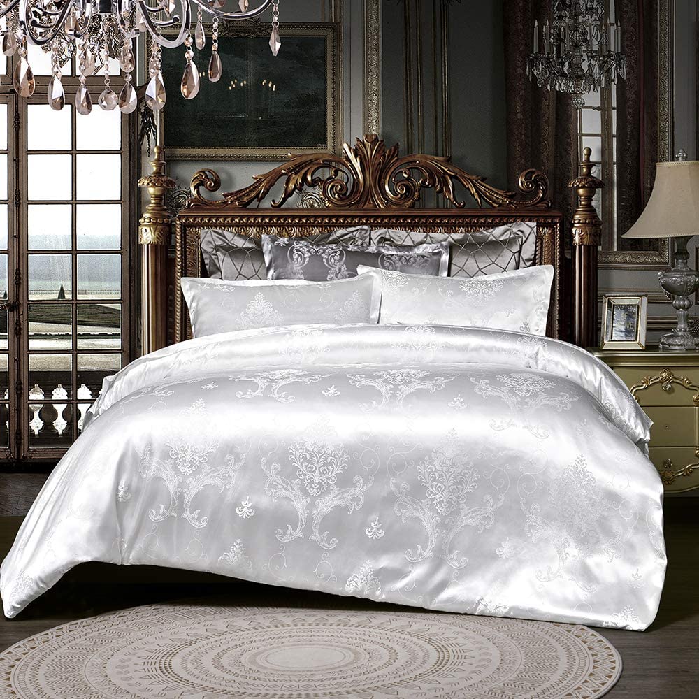 DXHOME Silk Bed Linen 220 x 240 cm Microfibre White Jacquard Satin White Reversible Bed Linen 3-Piece Flowers Silk Duvet Cover Set Double Bed - 1 Duvet Cover 200 x 220 cm + 2 Pillowcases 80 x 80 cm