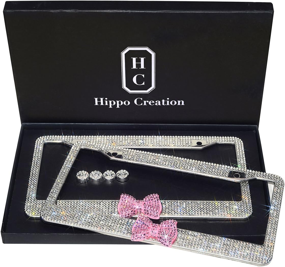 Handcrafted Bling License Plate Frames for Women, Men | 2 Pack Bedazzled Cover with Glittery Screw Caps | Stainless Steel Diamond Rhinestone License Plate Frame / Cover | Giftbox Included (Pink Bow)
