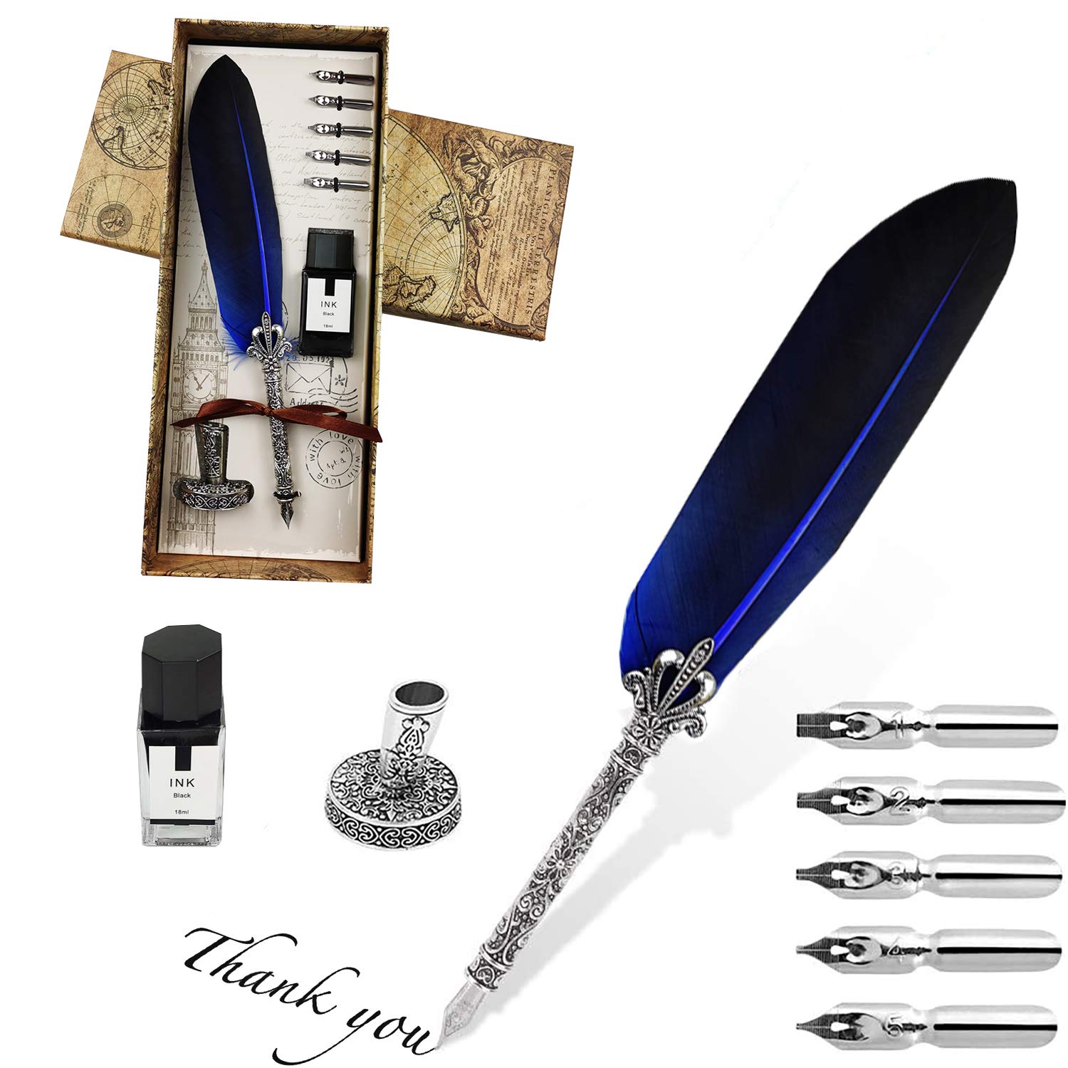 Feather Pen,Vintage Dip Pen, English Calligraphy Pen,Ink Bottle Set with 5 Replacement Nibs for Stationery Gift and Writing Stationery