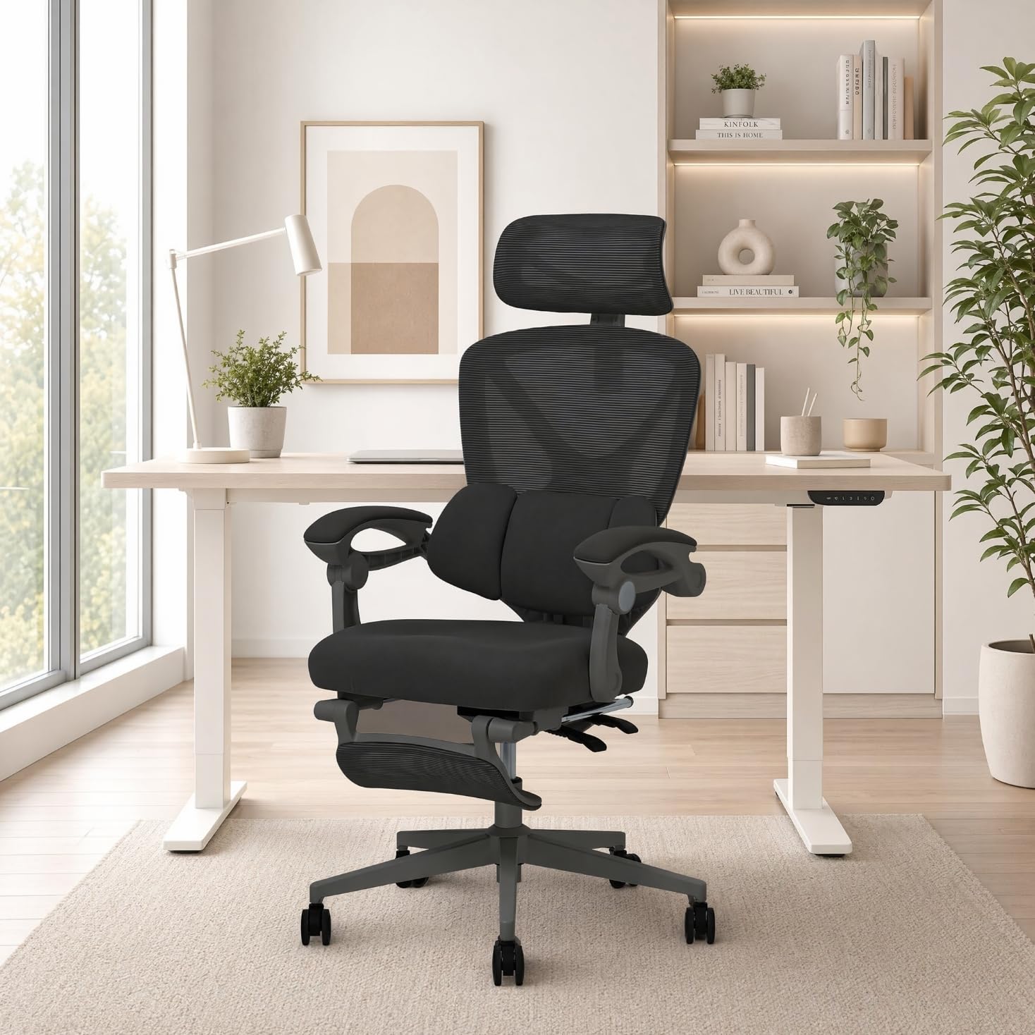 FLEXISPOT Ergonomischer Bürostuhl mit Fußstütze, X-förmiger Schreibtischstuhl mit 135°-Neigung, Gekoppelte Armlehnen mit zonenweise Einstellbarer Lendenstütze, Drehstuhl, 3D-Kopfstütze, Schwarz 2