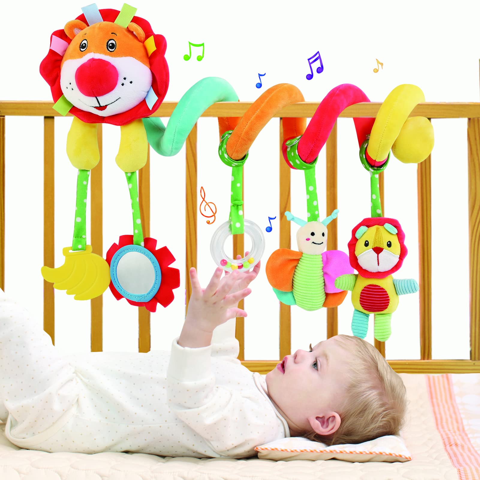BelleStyle Spiral Pram Toy for Babies - Pushchair, Stroller, Car Seat, Cot, Crib Plush Activity Hanging Sensory Toy for 0-12 Months Newborn Infant Boys Girls - Lion
