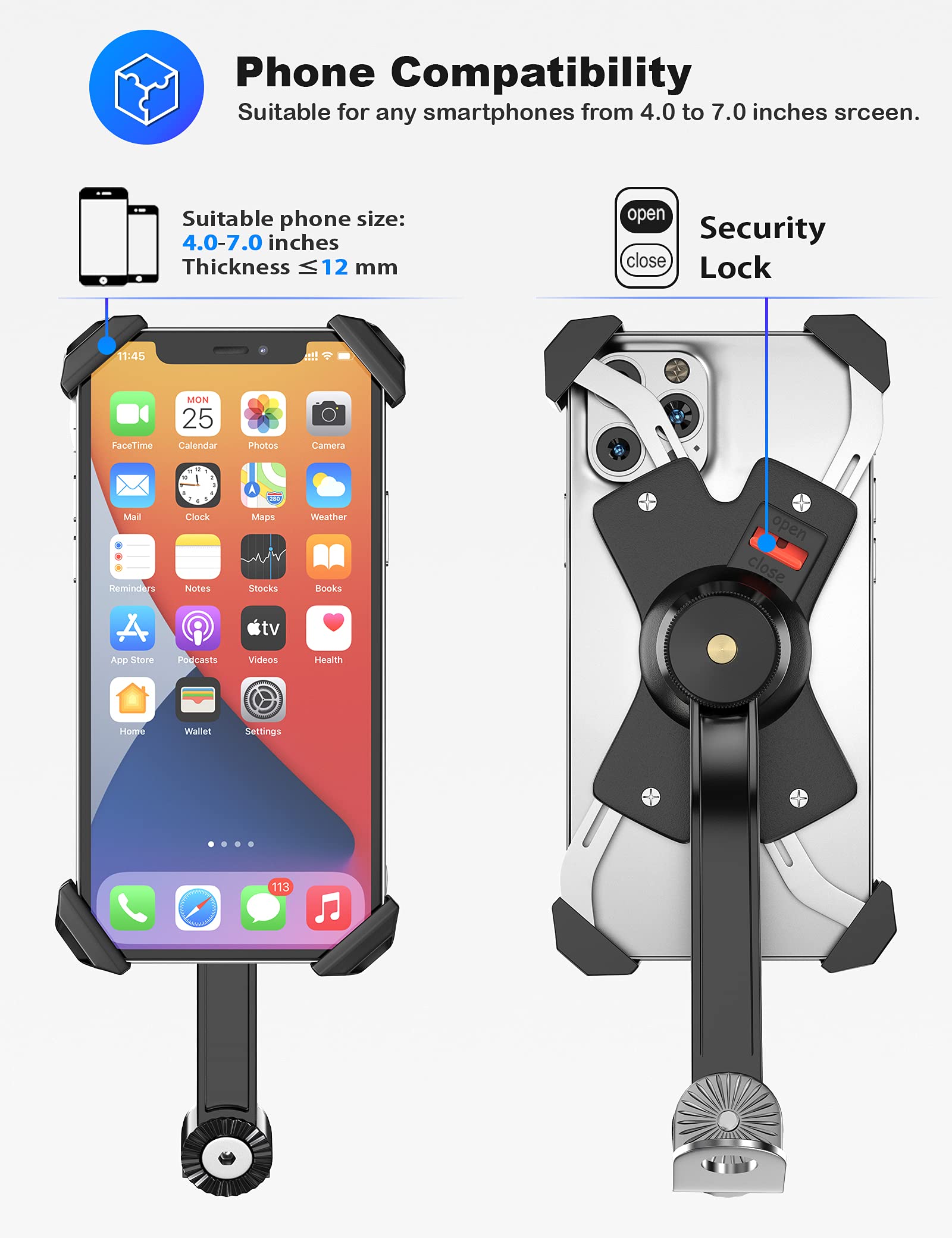 Motorcycle Phone Mount, Auto Shrink Metal Phone Mount for 4.0-7.0 Inch Smartphone for Motorcycle Rear View Mirror with 360° Rotatabe