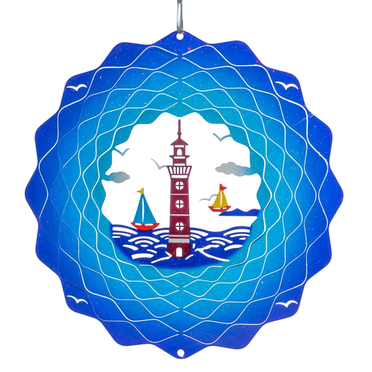 CIM Metal Wind Chime - Rainbow Lighthouse Blue - 200 mm - Smooth-Rotating Windmobile with Brilliant Colours - Includes Hanging - Attractive Room Window and Garden Decoration