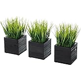 MyGift Artificial Green Grass Plants in Vintage Black Wood 4 Inch Planter Boxes, Faux Greenery in Decorative Square Crate Style Wooden Containers, Set of 3