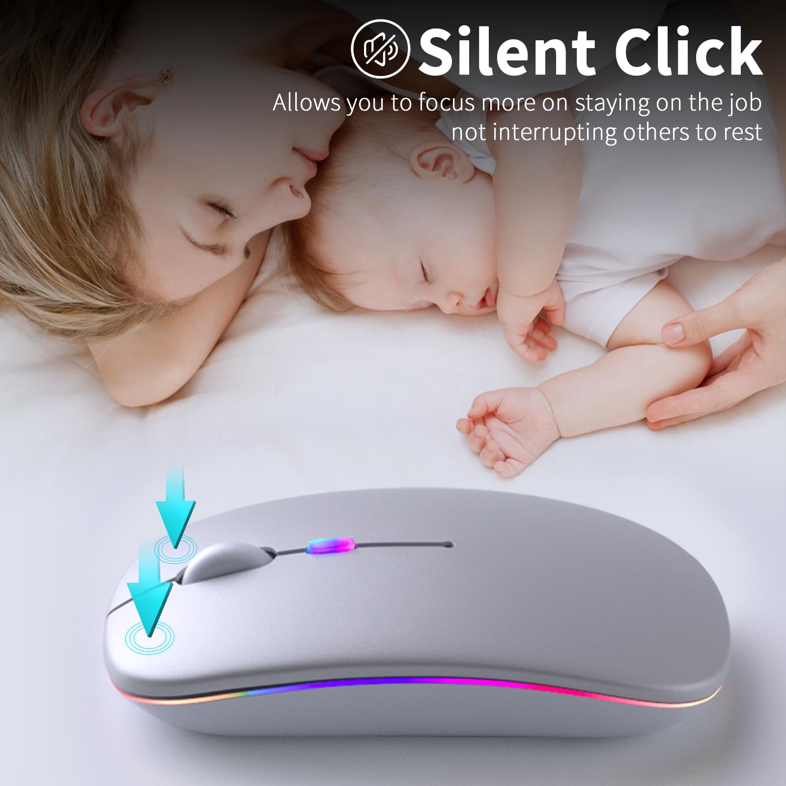 KANMABPC Wireless Bluetooth Mouse – Rechargeable, Silent, Dual Mode (Bluetooth 5.2 & USB) with LED Lights – Portable for Laptop, Desktop, & Tablet(Silver)