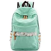 mygreen Kawaii Girls Backpack for School - Lightweight Canvas Backpack for Teens Ages 8-12, Fits 15 Inch Laptop, Cute Boho Floral Design, Durable & Comfortable Light Green