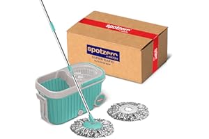 Spotzero by Milton Spin mop Bucket with Wringer on Wheels, Extendable Handle 360 Spin mops for Floor Cleaning, 2 Microfiber Refills, Aqua Green Elite