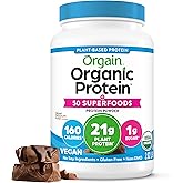 Orgain Organic Vegan Protein + 50 Superfoods Powder, Creamy Chocolate Fudge - 21g Plant Based Protein, 9g Prebiotic Fiber, No Lactose, Gluten Free, No Added Sugar, 2.02 lb (Packaging May Vary)
