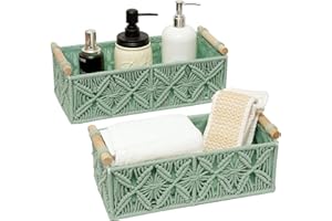 HOSROOME Macrame Boho Decor Baskets for Organizing Woven Decorative Basket for Countertop Toilet Paper Basket for Tank Top for Home Decor Bedroom Nursery Livingroom Entryway (Set of 2,Green)