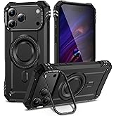 Kainevy Phone Case for iPhone 17 Pro Max Compatible with MagSafe with Metal Camera Ring Stand, Heavy Duty Rugged Silicone&PC Military Grade Shockproof Protective Cover for Men Boys (Black)