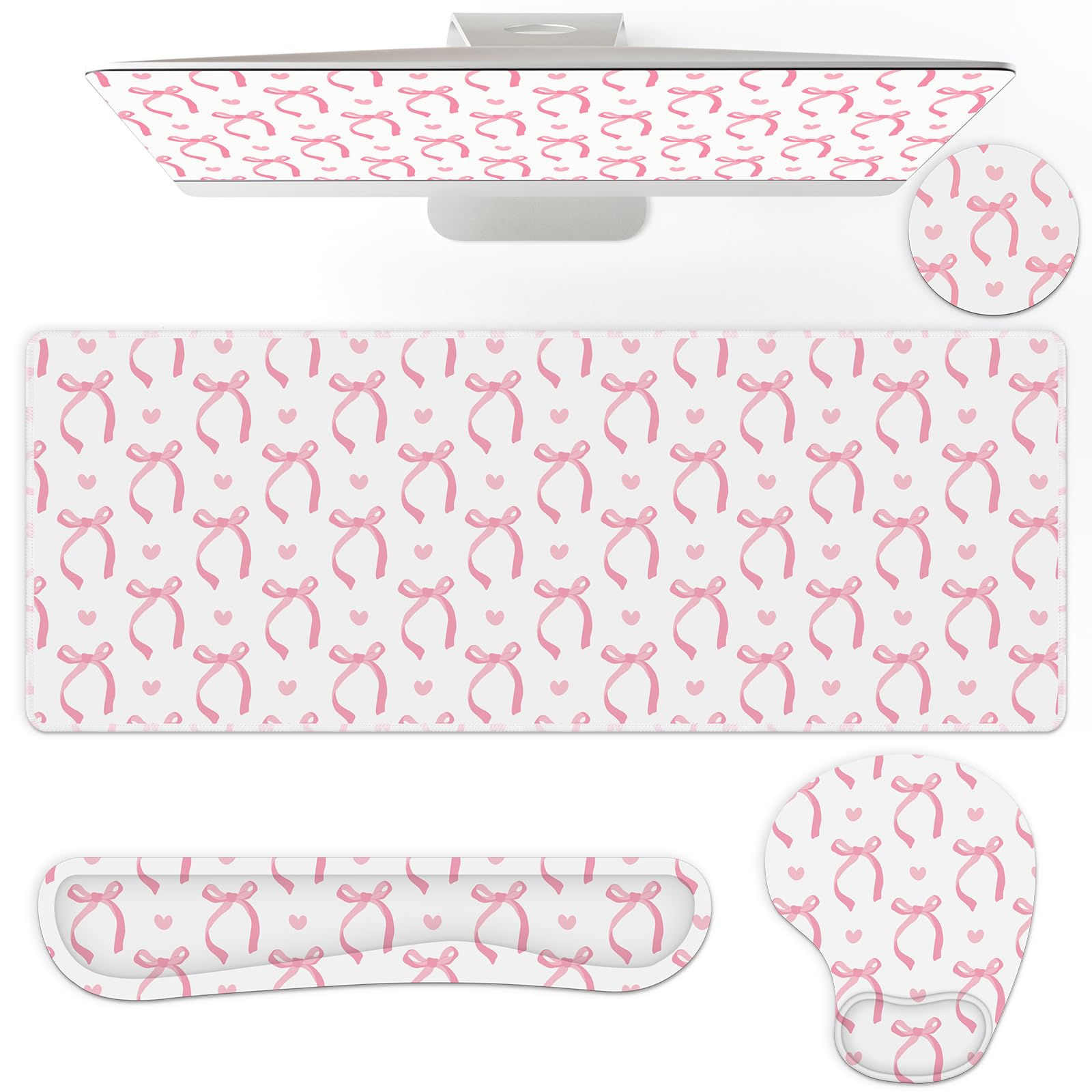 Photo 1 of AmazingSpark 4 Pcs Pink Bow Mouse Pad Set Coquette Cute Desk Pad + Mouse Pad with Wrist Rest + Keyboard Wrist Rest + Coaster Ergonomic Design for Office Table Computer(Classic Style)