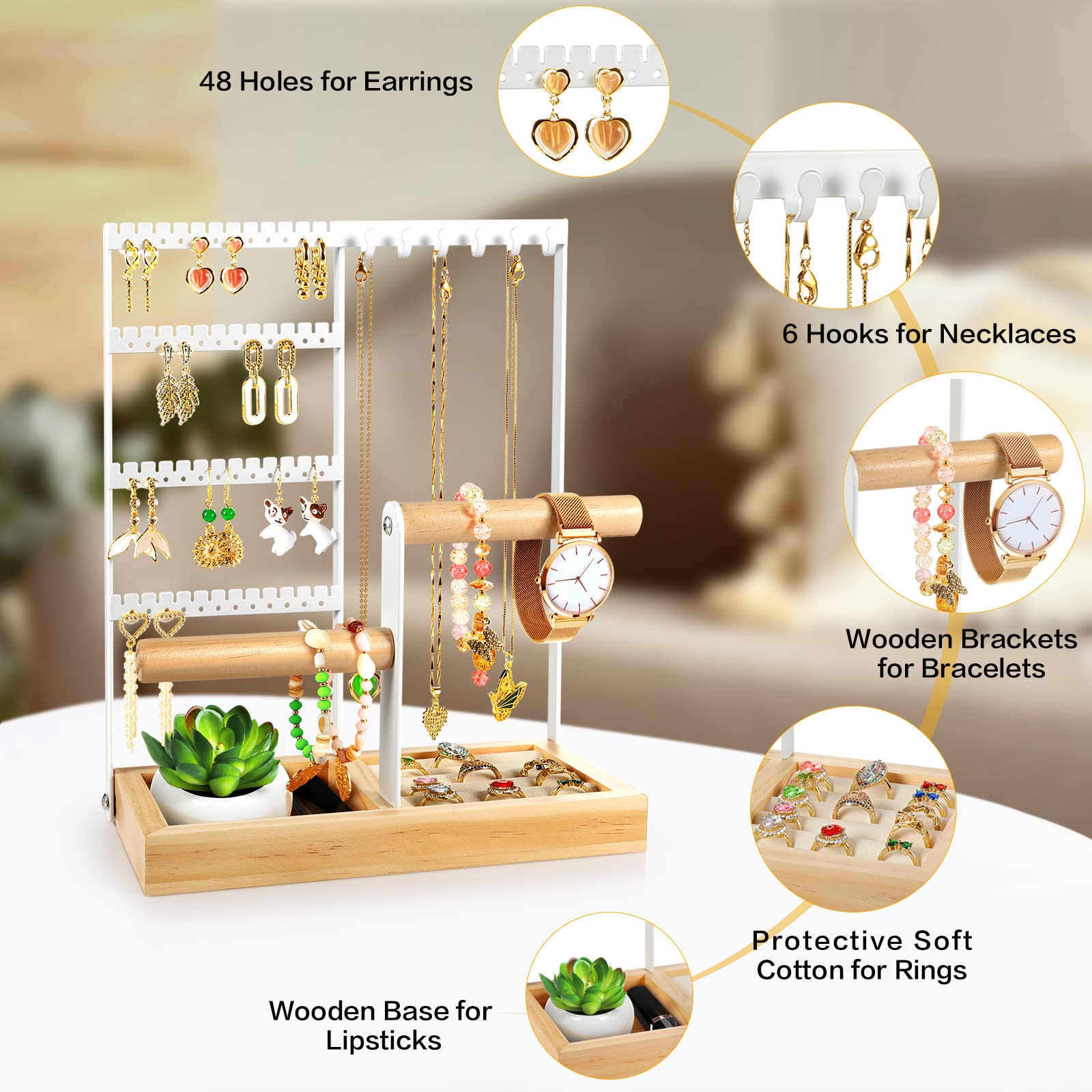 Godboat Jewelry Organizer, 4-Tier Earring Holder Organizer with 48 Holes, 6 Hooks Necklace Rack, Bracelet and Ring Stand with Wood Box, Gifts for Mothers Mom Women, Preppy Stuff & Room Decor, (White)