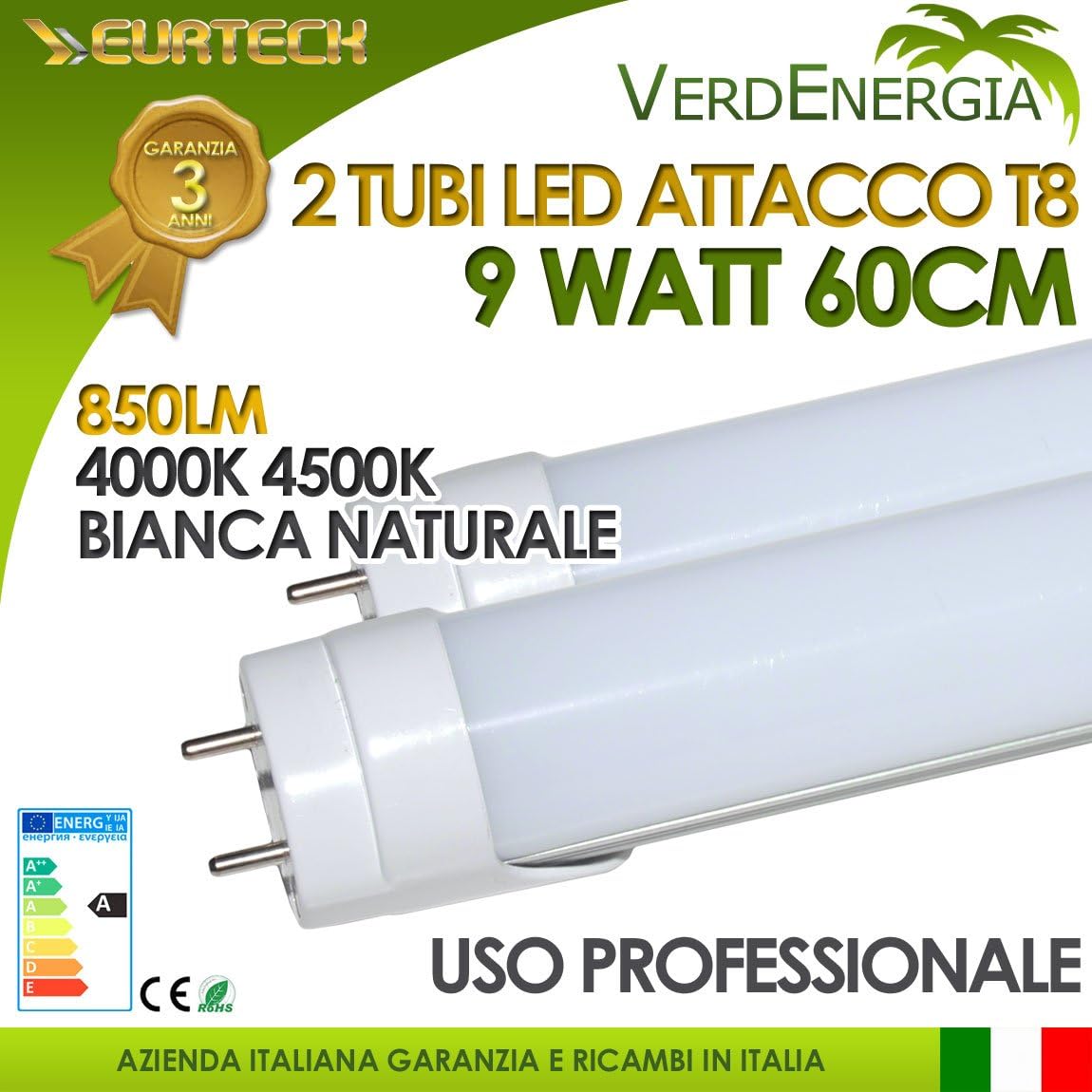 Kit of 2 LED T8 tubes 60cm 9W/230V - 4000K Natural Light - Satin 850 Lm
