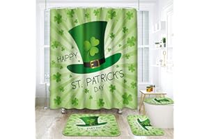 ArtSocket 4 Pcs Shower Curtain Set Patrick Day Green Clover Leaves Shamrock Hat with Non-Slip Rugs Toilet Lid Cover and Bath Mat Bathroom Decor Set 72 x 72 inch