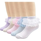 4/5/6 Pack Baby Toddler Girls Ruffle Socks White Princess Eyelet Frilly Lace Ankle Cotton Dress Socks for Little/Big Kids