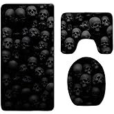 Black Skull Head Bath Mat, Ultra Soft Non Slip and Absorbent Bathroom Rug –Set of 3 Sets Pedestal Mat + Lid Toilet Cover + Bath Mat Doormat
