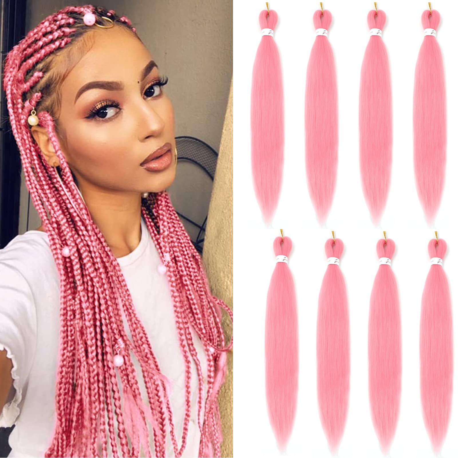 Easy Braid Pre stretched Braiding Hair Extensions - 26 Inch 8Packs Braiding Hair Soft Yaki Texture Crochet Synthetic Hair for Woman Hot Water Setting Crochet Braiding Hair Extensions (Pink#) — image 1