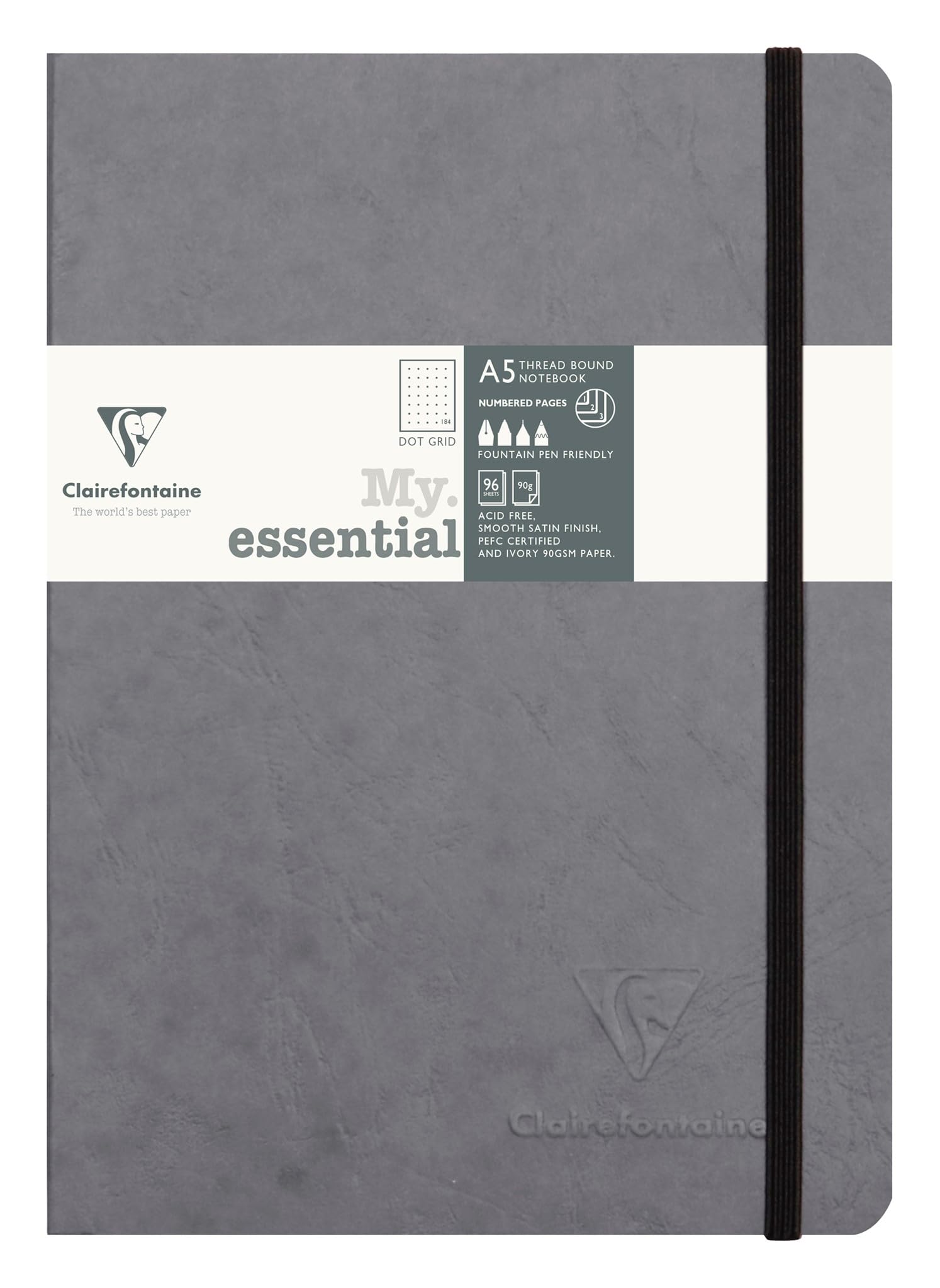 Clairefontaine 793435C Collection Age Bag Stitched MyEssential Notebook Grey - A5 14,8x21cm - 192 DOT Numbered Pages - Paper Ivory 90 g - Cover Card Leather