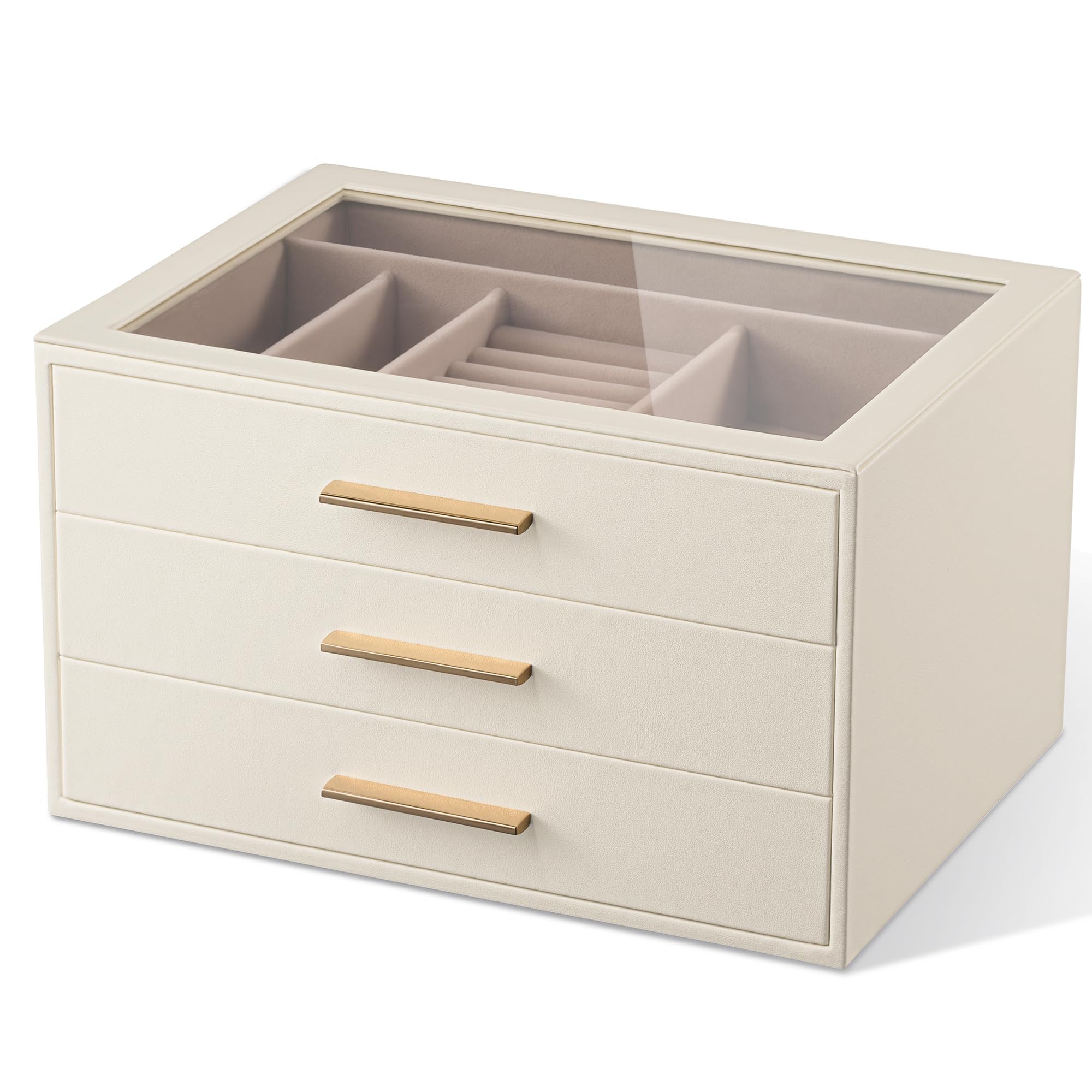 Photo 1 of Jewelry Box Organizer Case for Women: 3-Layer Jewelry Storage Case with Glass Window, Ivory Leather with Pink Velvet, Holder for Ring Necklace Bracelet Brooch Watch, Great Gift for Her