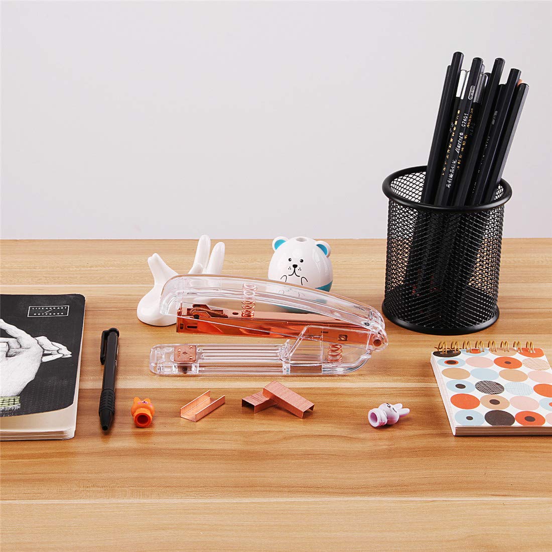 EFISH Agrafeuse de bureau, agrafeuse de bureau à ressort transparent avec agrafes 1000 pièces - Or rose