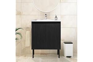 JINDOLI 24 Inch Bathroom Vanity with Sink Combo,Black Freestanding Bathroom Sink Cabinet with Ceramic Basin 2 Soft Closing Doors Wood Sink Vanity,Adjustable Shelves,Mid Century Modern