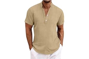 Mens Linen Shirt Banded Collar Button Down Shirts V Neck Short Sleeve Blouses Casual Loose Summer Vacation Shirt