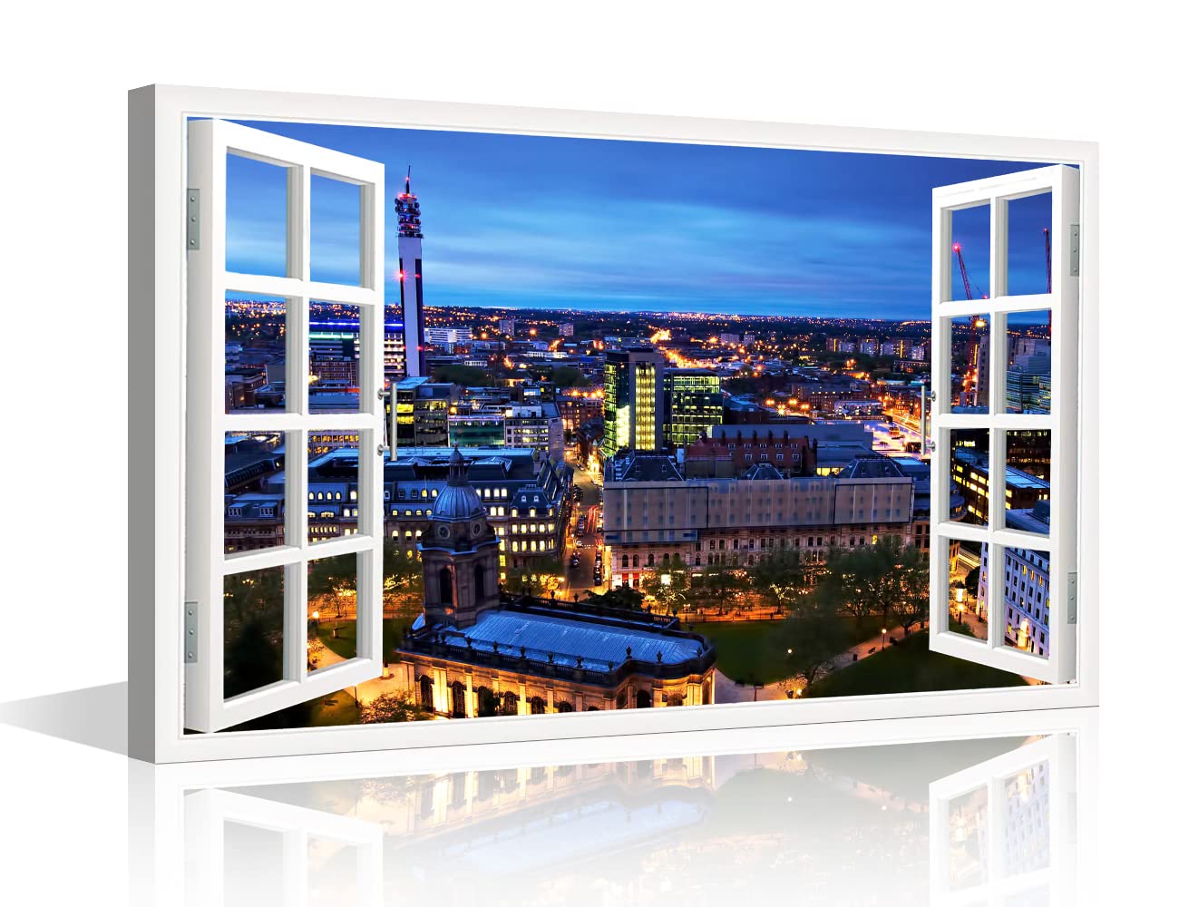 3D Window View Birmingham Wall Art Decor England City Skyline Panorama ​Canvas Paintings Canvas Print for Home Living Room Dining Room Decor Stretched and Framed Ready to Hang - 24"W x 16"H