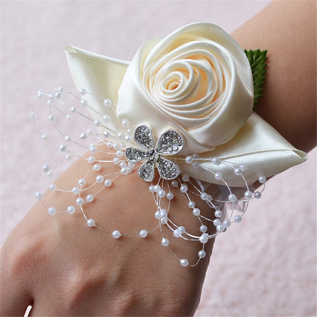 cccselling Prom Wrist Corsage for Wedding,Wedding Bridal Wrist Flower Corsage Hand Flower Decor for Prom Party Wedding Homecoming (Ivory)