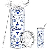 Maxdot White Blue Bride Tumbler Bride to Be Gift Bachelorette Cup Wedding Gift 20 oz Tumbler with Lid and Straw Bachelorette Party Supply Wedding Morning Drinkware Weekend Bridal Bach Party Decor
