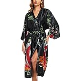 BestWendding Women's Satin Kimono Robes Floral Patterned Long Bathrobe Silky Dressing Gown Bridesmaid Robes with 2 Pockets