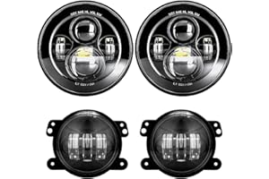 DOT Approved 7'' Black LED Headlights + 4 '' LED Fog Lights Compatible with Jeep Wrangler 97-2017 JK TJ LJ