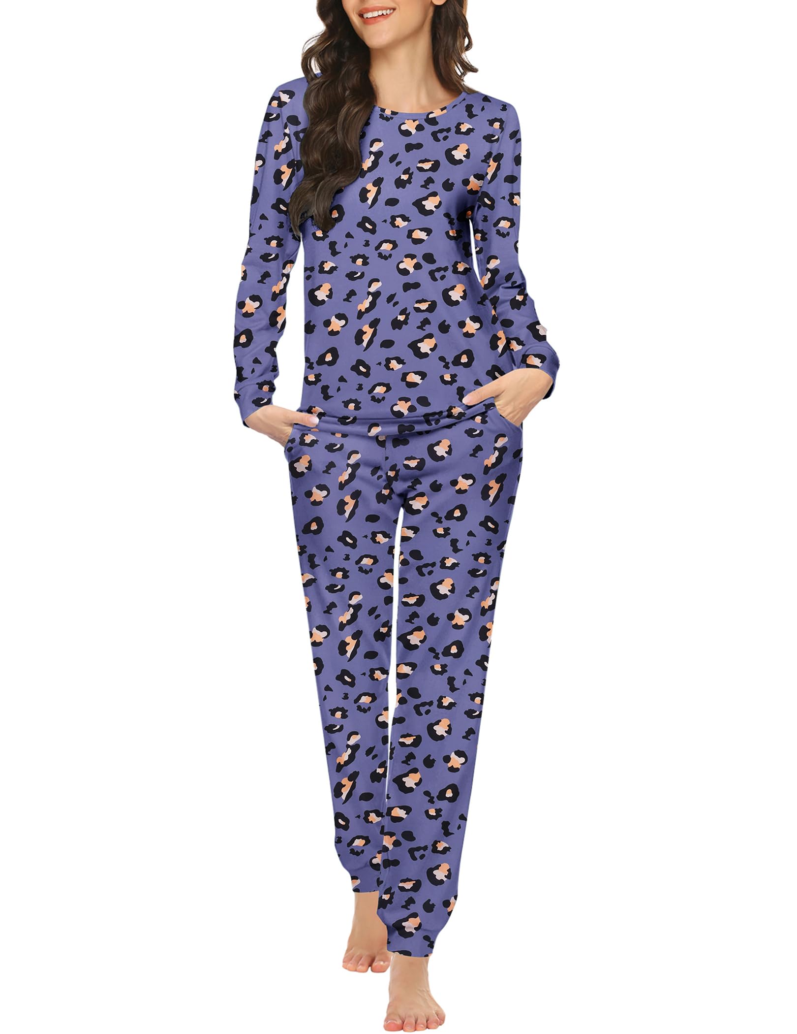 Ekouaer Womens Jogger Pajama Sets Long Sleeve Sleepwear Round Neck Nightwear Soft Pjs Lounge Sets with Pockets Purple Leopard X-Small Image