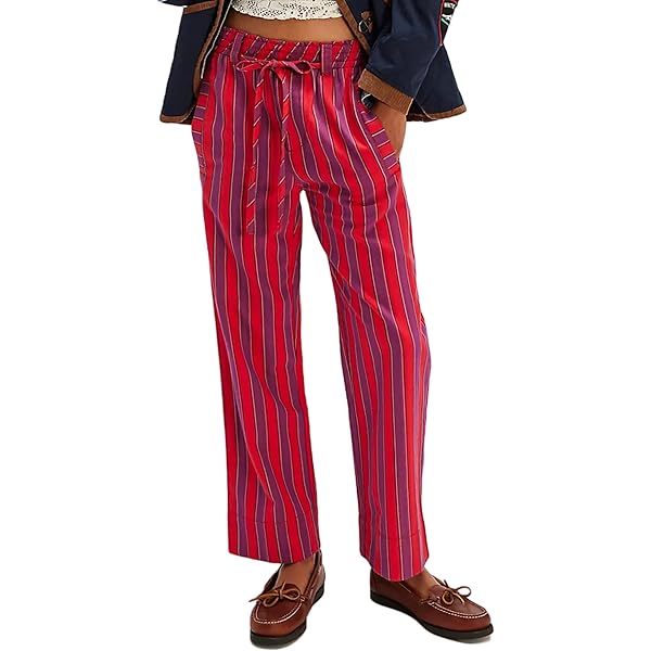 Side Striped Pants Women Drawstring Wide Leg Pants High