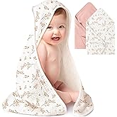 Konssy 2-Pack Muslin Hooded Baby Towels, 100% Cotton, Ultra-Soft & Absorbent Baby Bath Towels with Hood for Newborn & Infant (Pink, Floral,32" x 32")