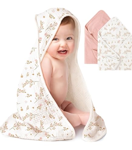 Serviettes De Bain Bébé En Mousseline - Lot De 2 Avec Capuche - 100% Coton, Très Absorbantes - Pour Nouveau-nés