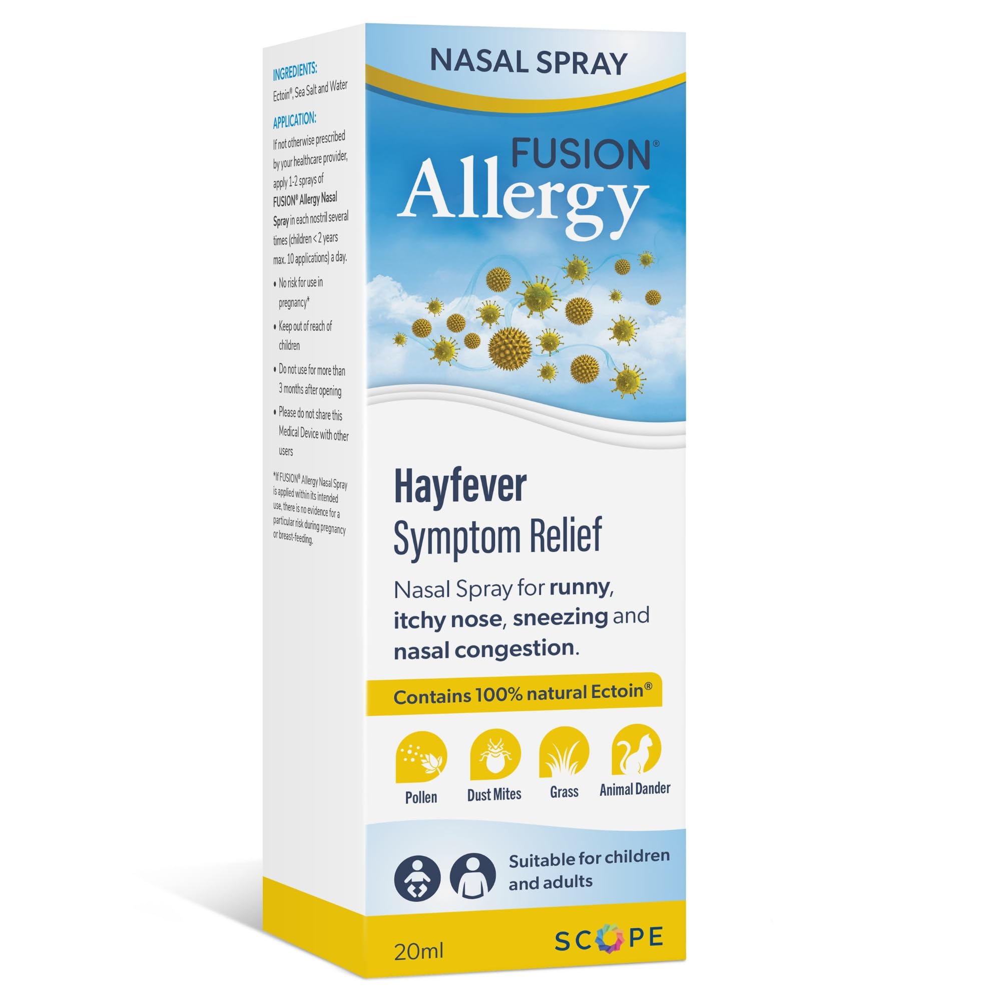 Fusion Allergy Nasal Spray with 100% Natural Ectoin. Quick Relief for Stuffy/Itchy/Runny/Blocked Noses Caused by Allergens. Suitable for All Ages (20ml - 140 doses)