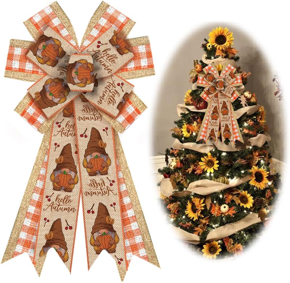 Bows & Ribbons - Large Fall Bows for Wreath, Thanksgiving Gnomes Pumpkin Wreath Bows Orange Buffalo Plaid Bows for Front Door, Farmhouse Ornament Burlap Tree Topper Bows for Fall Indoor Outdoor Decoration