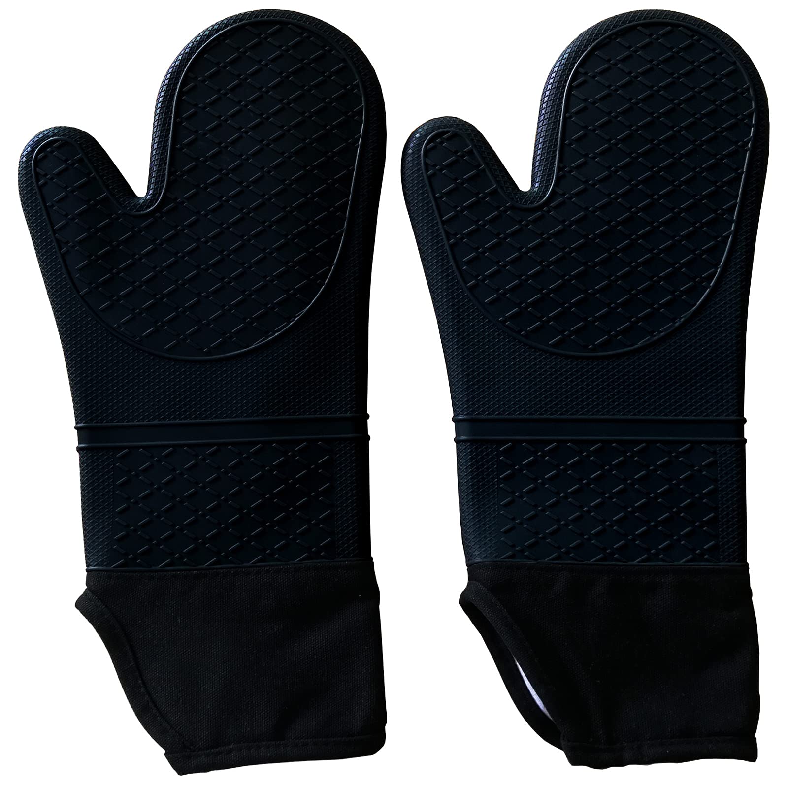Oven Gloves Heat Resistant Double Sided Non Slip Silicone Oven Mitts BBQ Gloves Waterproof Kitchen Gloves Extra Long for Gilling/Cooking/Baking/Barbecue - 1 Pair Black