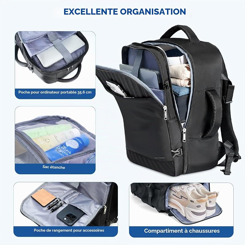 Sac a Dos Voyage Cabine Avion, 20L Sac 40x20x25 Ryanair Bagages Cabine Airbag Travel pour Easyjet Vueling Wizz Air, Sac à Dos Femme Homme pour Travail, Voyage, Weekend-Noir