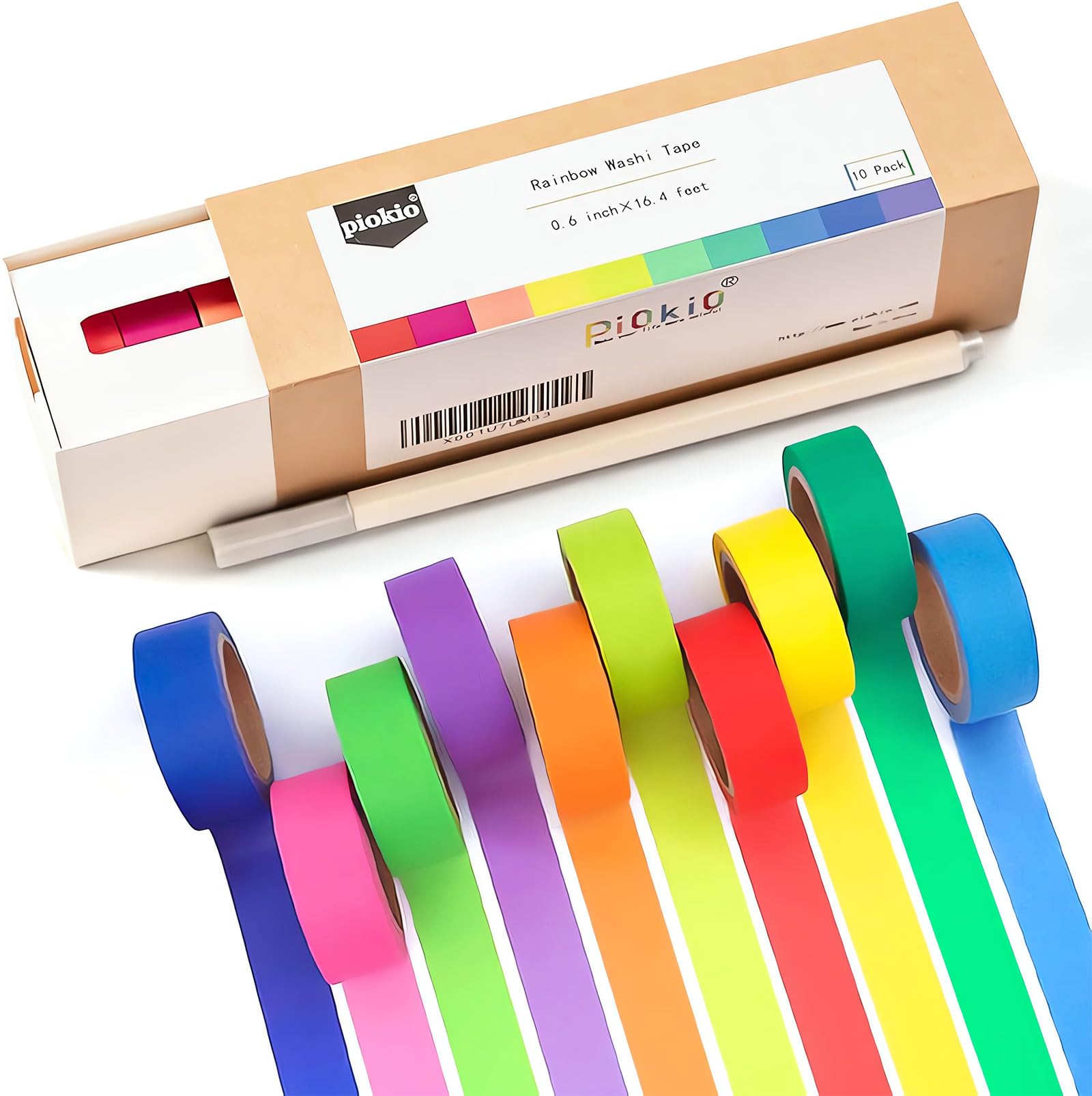 Piokio Colored Washi Tape 10 Roll Multi Pack - 164 Feet x 0.6 inch Wide Set Rainbow Solid Color Tape for Egg Decorating, DIY School Supplies, Decorative Tape, Masking Tape