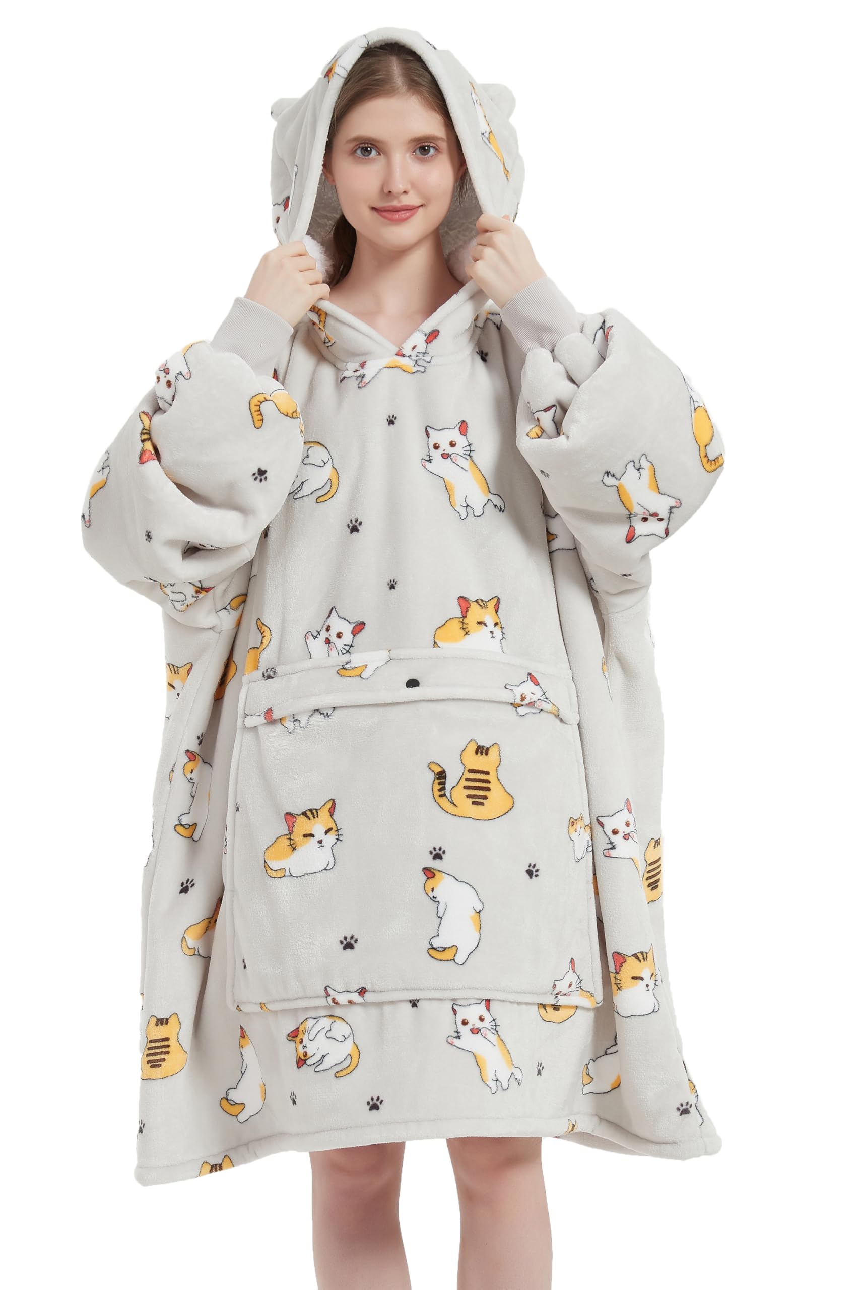 VERTAST Oversized Hoodie Wearable Blanket Sweatshirt for Men Women, Comfortable Sherpa Lining Super Soft Plush Warm Blanket Hoodie Homewear, Grey cat