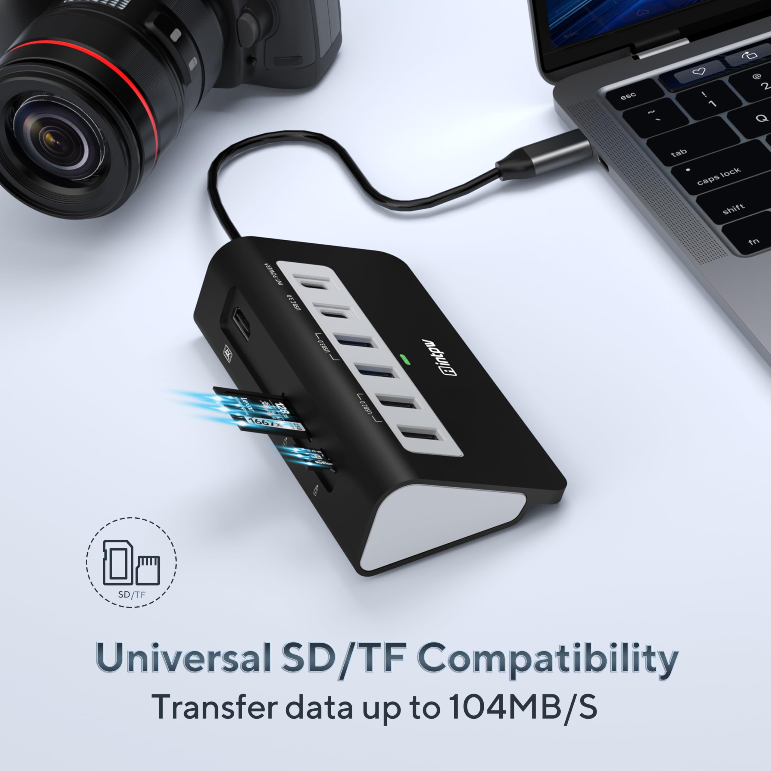 Intpw USB Hub, 9-in-1 USB C Hub Multiport Adapter mit 4K HDMI, PD 100W, USB-C und 2 USB A 3.0 5Gbps, 2 USB A 2.0, SD/TF Slot, Schwarz Docking Station für MacBook Air/Pro iPad Typ C Tablet 6