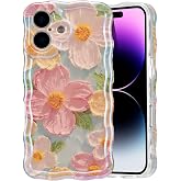 EYZUTAK Case for iPhone 16, Colorful Retro Oil Painting Print Flower, Green | Laser Glossy Floral Pattern, Cute Curly Wave Edge, Exquisite Phone Cover, Stylish Durable TPU Protective Case for Girl Women