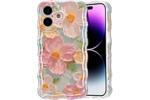 EYZUTAK Case for iPhone 16, Colorful Retro Oil Painting Printed Flower Laser Glossy Pattern Cute Curly Wave Edge Exquisite Phone Cover Stylish Durable TPU Protective Case for Girl Women-Green