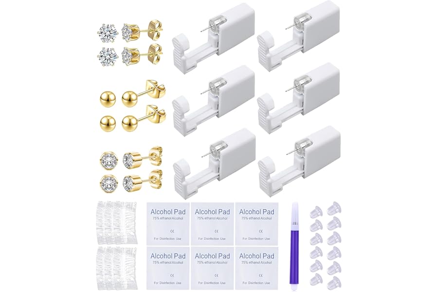 VitaCool Ear Piercing Kit Disposable Ear Cartilage Piercing Gun Kit with Sterile CZ Studs Easy and Safe Earring Self for Yourself Use at Home (Style A-3mm-3Mix-G)