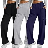 Neer 3 Pack Womens Pants with Cargo Pockets Casual High Waisted Baggy Wide Straight Leg Sweatpants Lounge Joggers Trousers
