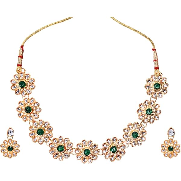 Indian Oxidized Jewelry Set For Women - Floral Crystal Choker Necklace & Dangle Earrings Bridal Boho Set