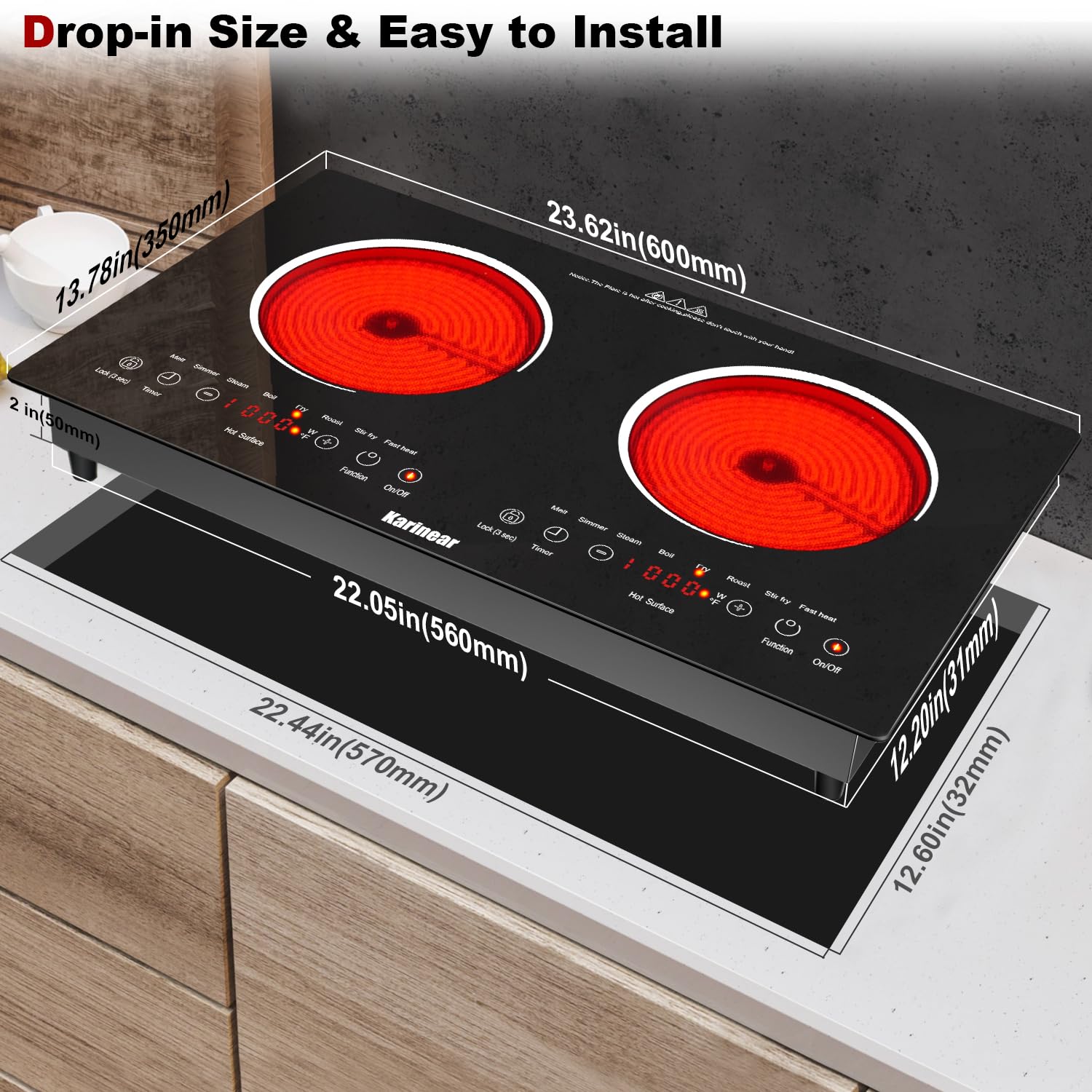 Karinear 2 Burners Electric Cooktop 24 Inch, 110v~120v Countertop and Built-in Elecric Stove Top, Portable Electric Radiant with Outlet Plug, Sensor Touch, Child Safety Lock, Timer(white)